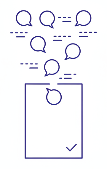 Phone calls and chat messages converging into one finished, ticked-off document