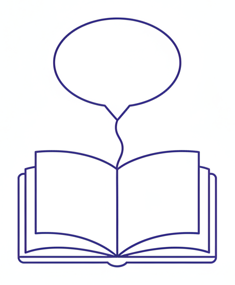A speech bubble tethered to an open book, like a balloon on a string