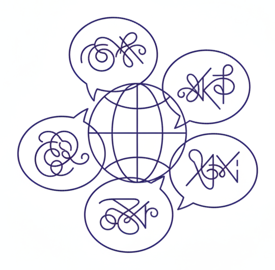 A globe wrapped in speech bubbles of different scripts